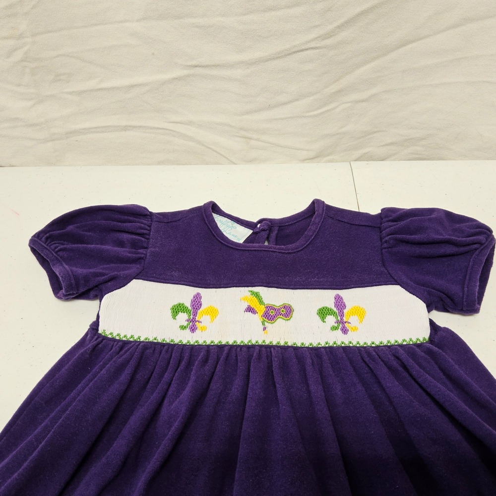 Firefly Lane Mardi Gras Dress Baby Girl 9M Purple Smocked Fleur-de-lis Rickrack - Picture 1 of 6